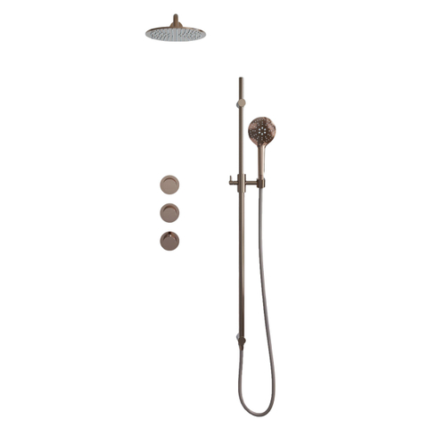 Fortifura Nebbio Regendoucheset - inbouwkraan - inbouwdeel - glijstang - doucheslang glad - ronde handdouche - 35cm - wandarm - 30cm ronde hoofddouche - PVD - geborsteld koper SW1237513