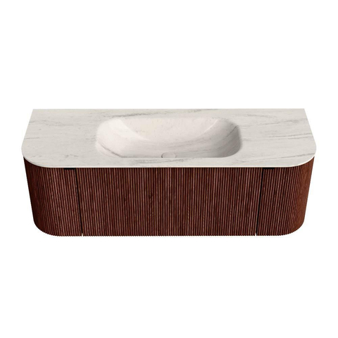MONDIAZ KURVE-DLUX Meuble de salle de bains 130cm arrondi Gauche + Droite couleur Ruby avec 1 tiroir et 2 portes. Lavabo BIG SMALL Central sans trou de robinet Meli. SW1432029
