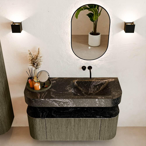 MONDIAZ THOR-DLUX 120cm meuble de salle de bains arrondi gauche + droite couleur Shadow avec 1 tiroir et 2 portes. Vasque suspendue CLOUD droite sans trou de robinet couleur Lava. SW1463155
