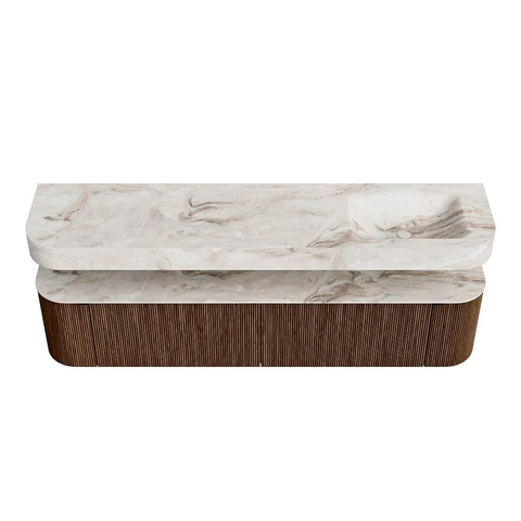 MONDIAZ THOR-DLUX 200cm badmeubel ronding links + rechts kleur Walnut met 2 lades en 2 deuren. Vrijhangende wastafel CLOUD Rechts 1 kraangat kleur Frappe. SW1466974