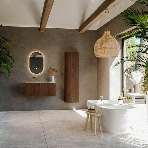 MONDIAZ KURVE-DLUX Meuble de salle de bains 95cm arrondi à droite couleur Walnut avec 1 tiroir et 1 porte. Lavabo BIG SMALL gauche sans trou de robinet Oza. SW1432713