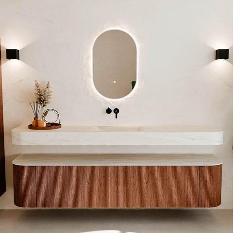MONDIAZ THOR-DLUX Meuble de salle de bains - 200cm - arrondi gauche + droite - couleur Ruby - 2 tiroirs et 2 portes - Vasque suspendue CLOUD Milieu sans trou de robinet couleur Meli SW1467133