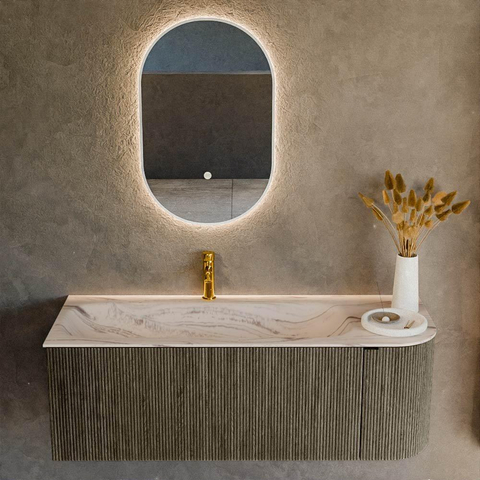 MONDIAZ KURVE-DLUX Meuble de salle de bains 125 cm arrondi à droite couleur Shadow avec 1 tiroir et 1 porte. Lavabo BIG MEDIUM à gauche 1 trou de robinet Nata. SW1432306