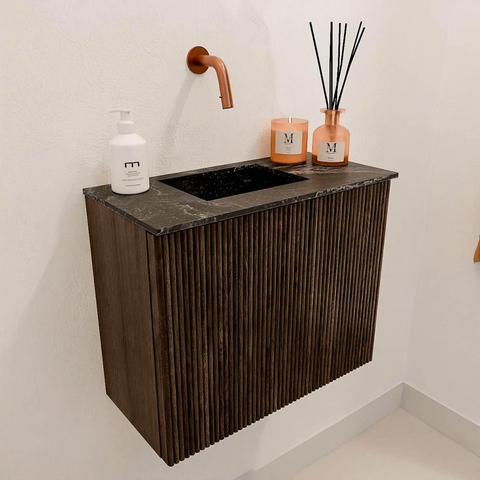 Mondiaz JOYA-DLUX 50cm toiletmeubel - kleur Walnut - Wastafel FAYE positie Links Zonder kraangat kleur Lava. SW1422479