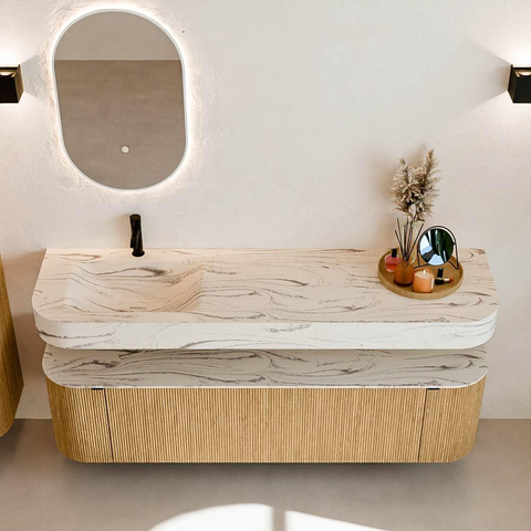MONDIAZ THOR-DLUX 170cm meuble de salle de bains arrondi gauche + droite couleur Oak avec 1 tiroir et 2 portes. Vasque suspendue CLOUD Gauche 1 trou de robinet couleur Nata. SW1465778