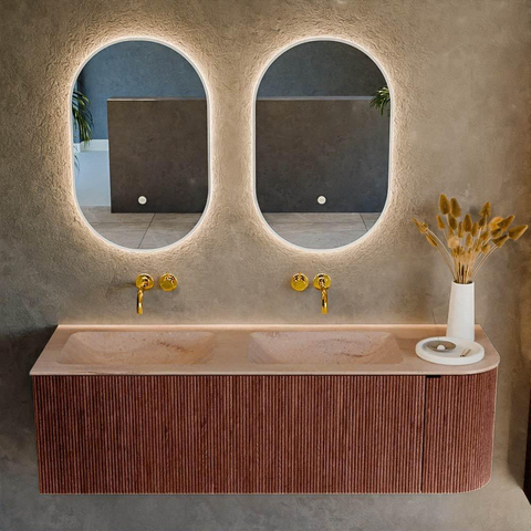 MONDIAZ KURVE-DLUX Meuble de salle de bains 145cm arrondi à droite couleur Ruby avec 1 tiroir et 1 porte. Lavabo LEAF Double / Gauche sans trou de robinet Saba. SW1433496