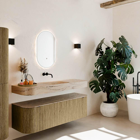 MONDIAZ THOR-DLUX 150cm meuble de salle de bains arrondi gauche + droite couleur Dusk avec 1 tiroir et 2 portes. Vasque suspendue CLOUD centrale sans trou de robinet couleur Arena. SW1464735