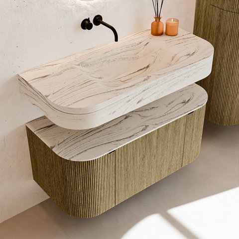 MONDIAZ THOR-DLUX 100cm meuble de salle de bains arrondi gauche + droite couleur Dusk avec 1 tiroir et 2 portes. Vasque suspendue CLOUD Milieu sans trou de robinet couleur Nata. SW1467508