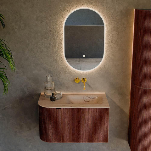 MONDIAZ KURVE-DLUX Meuble de salle de bains 75cm arrondi à gauche couleur Ruby avec 1 tiroir et 1 porte. Lavabo GRUNNE à droite sans trou de robinet Arena. SW1431466