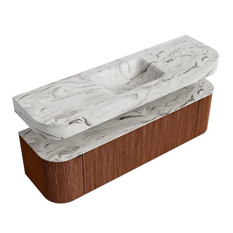 MONDIAZ THOR-DLUX 160cm badmeubel ronding links + rechts kleur Ruby met 1 lade en 2 deuren. Vrijhangende wastafel CLOUD Midden zonder kraangat kleur Glace. SW1465196