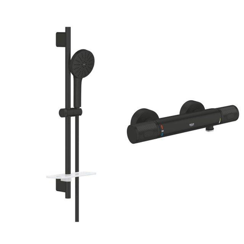 Grohe Vitalio Joy Doucheset - 60cm glijstang - ronde handdouche - 3 straalsoorten - thermostaatkraan - matte black (mat zwart) SW1576558