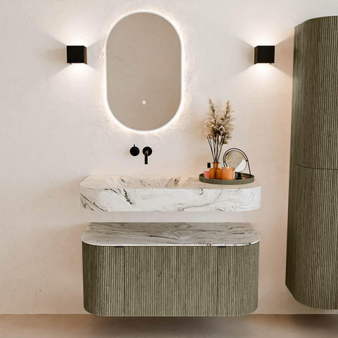MONDIAZ THOR-DLUX 100cm meuble de salle de bains arrondi gauche + droite couleur Shadow avec 1 tiroir et 2 portes. Vasque suspendue CLOUD gauche sans trou de robinet couleur Glace. SW1467442
