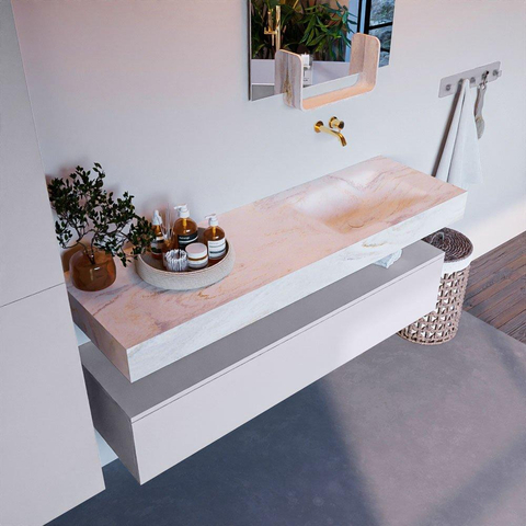 Mondiaz ALAN-DLUX Ensemble de meuble - 150cm - meuble Cale mat - 1 tiroir - Lavabo Cloud Ostra suspendu - vasque Droite - 0 trous de robinet SW807724