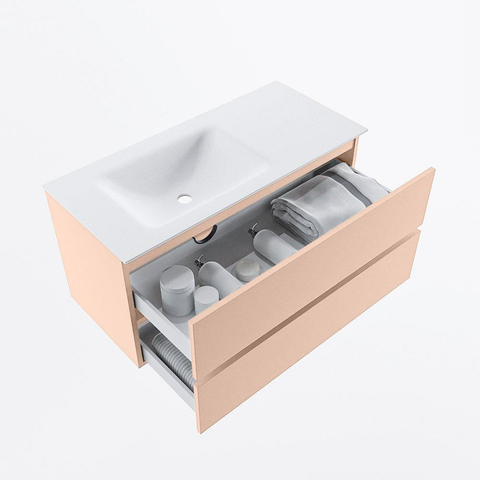 MONDIAZ VICA Ensemble meuble de salle de bains - 100cm - meuble bas rosee - 2 tiroirs - lavabo cloud gauche - sans trous de robinet - version haute 60cm - talc SW1083313