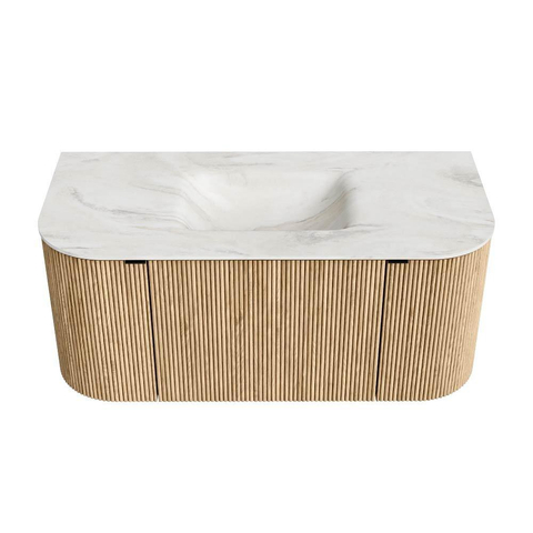 MONDIAZ KURVE-DLUX Meuble de salle de bains 100cm avec module 25 Len R couleur Oak avec 1 tiroir et 2 portes. Lavabo GRUNNE central sans trou de robinet couleur Ostra. SW1137696