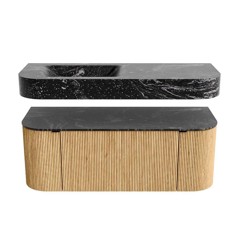 MONDIAZ THOR-DLUX 120cm meuble de salle de bains arrondi gauche + droite couleur Oak avec 1 tiroir et 2 portes. Vasque suspendue CLOUD Gauche sans trou de robinet couleur Lava. SW1463089