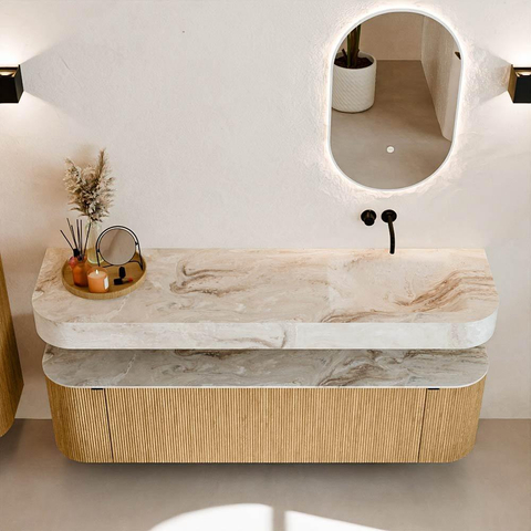 MONDIAZ THOR-DLUX Meuble de salle de bains 170cm arrondi gauche + droite couleur Oak avec 1 tiroir et 2 portes. Vasque suspendue CLOUD Droite sans trou de robinet couleur Frappe. SW1465401