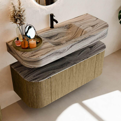 MONDIAZ THOR-DLUX 120cm meuble de salle de bains arrondi gauche + droite couleur Dusk avec 1 tiroir et 2 portes. Vasque suspendue CLOUD Milieu 1 trou de robinet couleur Sombra. SW1463679