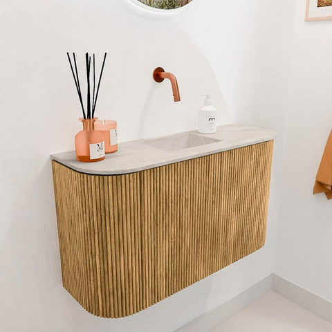 Mondiaz JOYA-DLUX 73.2cm toiletmeubel - ronding links en rechts kleur Oak - Wastafel FAYE positie Midden Zonder kraangat kleur Ostra. SW1422247