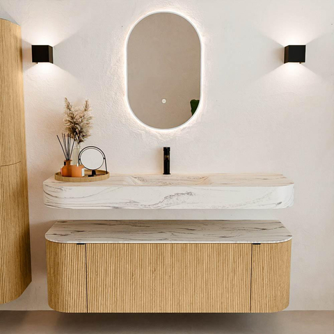 MONDIAZ THOR-DLUX Meuble de salle de bains 140cm arrondi gauche + droite couleur Oak avec 1 tiroir et 2 portes. Vasque suspendue CLOUD Milieu 1 trou de robinet couleur Nata. SW1464479