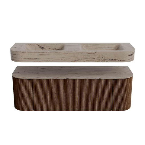 MONDIAZ THOR-DLUX 140cm meuble de salle de bains arrondi gauche + droite couleur Walnut avec 1 tiroir et 2 portes. Vasque suspendue CLOUD Double 2 trous de robinet couleur Arena. SW1464366