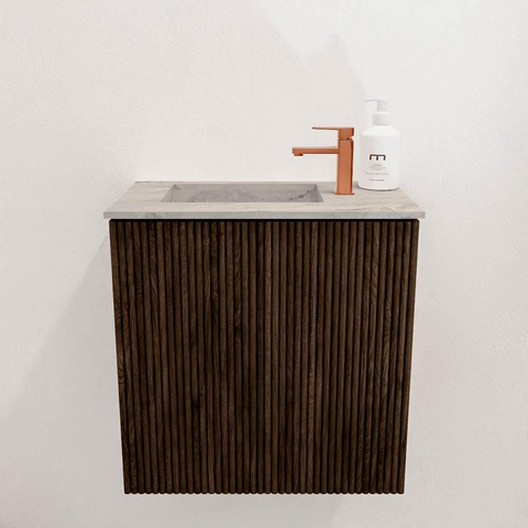 Mondiaz JOYA-DLUX 40cm toiletmeubel - kleur Walnut - Wastafel FAYE positie Links 1 kraangat kleur Glace. SW1422351
