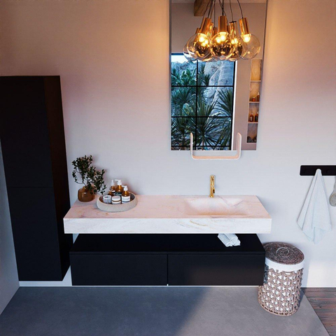 Mondiaz ALAN-DLUX Ensemble de meuble - 150cm - meuble Urban mat - 2 tiroirs - Lavabo Cloud Ostra suspendu - vasque Droite - 1 trou de robinet SW809217