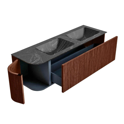Mondiaz KURVE-DLUX Ensemble de meuble de salle de bains - 145x46x40cm - 1 tiroir - 1 porte - lavabo solid surface - double / droite - sans trou de robinet - Ruby SW1416004