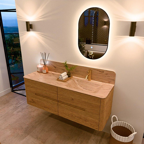 Mondiaz CIRO-DLUX Badkamermeubelset - 140x45x50cm - Solid surface wastafel Arena - 1 wasbak Rechts - 1 kraangat - 4 lades - Oak SW1531340