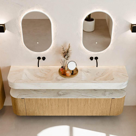 MONDIAZ THOR-DLUX Meuble de salle de bains - 190cm - arrondi gauche + droite - couleur Oak - 2 tiroirs et 2 portes - Vasque suspendue CLOUD Double sans trou de robinet - couleur Ostra SW1466388