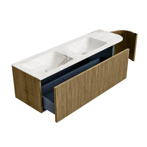 Mondiaz KURVE-DLUX Badkamermeubelset - 145x46x40cm - 1 lade - 1 deur - wastafel solid surface - dubbel / links - 2 kraangaten - Dusk SW1415010