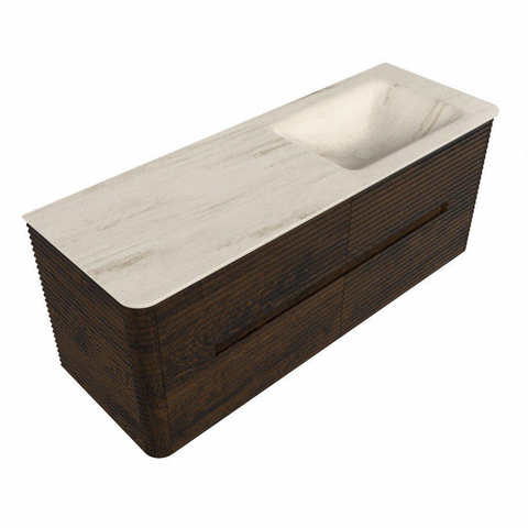 Mondiaz CIRO-DLUX Badkamermeubelset - 130x45x50cm - Solid surface wastafel Meli - 1 wasbak Rechts - zonder kraangaten - 4 lades - Walnut SW1530496