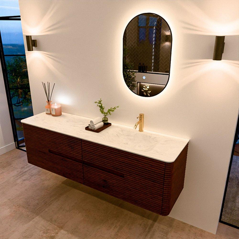 Mondiaz CIRO-DLUX Ensemble de meubles de salle de bains - 170x45x50cm - Plan-vasque solid surface Opalo - 1 lavabo à droite - 1 trou de robinetterie - 4 tiroirs - Ruby SW1531514