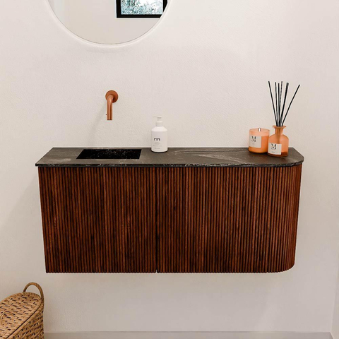 Mondiaz JOYA-DLUX 91.6cm toiletmeubel - ronding rechts kleur Ruby - Wastafel FAYE positie Links Zonder kraangat kleur Lava. SW1423668