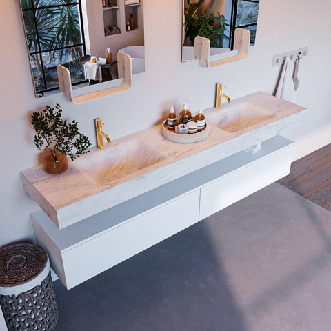 Mondiaz ALAN-DLUX Ensemble de meuble - 200cm - meuble Talc mat - 2 tiroirs - Lavabo Cloud Opalo suspendu - vasque Gauche et droite - 2 trous de robinet SW806498