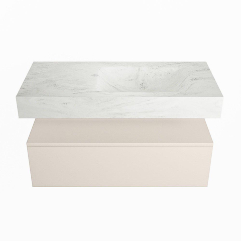 Mondiaz ALAN-DLUX Ensemble de meuble - 100cm - meuble Linen mat - 1 tiroir - Lavabo Cloud Opalo suspendu - vasque Droite - 0 trous de robinet SW806472