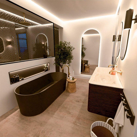 Mondiaz CIRO-DLUX Ensemble de meubles de salle de bains - 130x45x50cm - Vasque en solid surface Ostra - 2 lavabos double - sans trous de robinet - 4 tiroirs - Noyer SW1530410