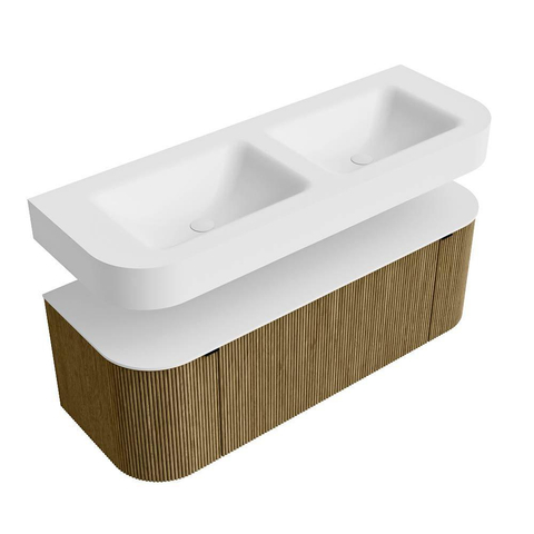 MONDIAZ THOR 130cm meuble de salle de bains arrondi gauche + droite couleur Dusk avec 1 tiroir et 2 portes. Vasque suspendue CLOUD Double 2 trous de robinet couleur Talc. SW1463613