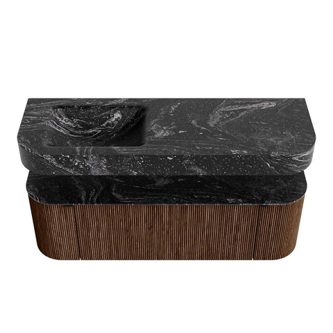 MONDIAZ THOR-DLUX Meuble de salle de bains 140cm arrondi gauche + droite couleur Walnut avec 1 tiroir et 2 portes. Vasque suspendue CLOUD Gauche sans trou de robinet couleur Lava. SW1463961