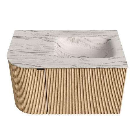 MONDIAZ KURVE-DLUX 75cm badmeubel ronding Links kleur Oak met 1 lade en 1 deur. Wastafel GRUNNE Rechts zonder kraangat Nata. SW1432059