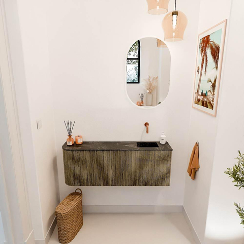 Mondiaz JOYA-DLUX Meuble de salle de bains 111.6cm - arrondi gauche couleur Dusk - Vasque FAYE position Droite Sans trou de robinet couleur Lava. SW1423275