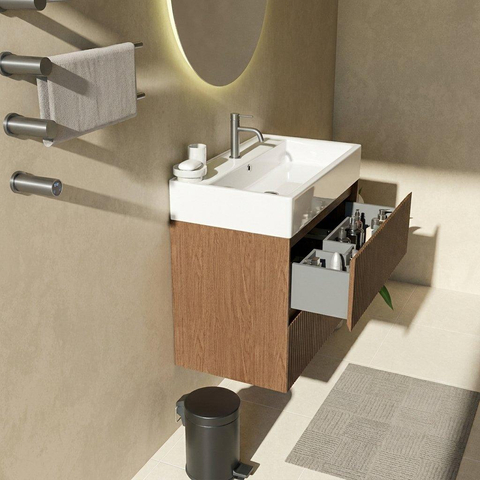 Saniclass Holz Atelier Badkamermeubelset - 80x45x72cm - Legend keramische wastafel wit - 1 wasbak - 1 kraangat - 2 lades - mat walnut pure (hout) SW1479076