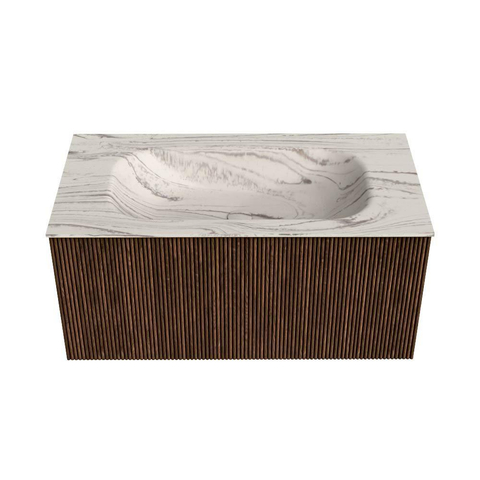 MONDIAZ KURVE-DLUX 90cm badmeubel kleur Walnut met 1 lade en 0 deuren. Wastafel BIG SMALL Midden zonder kraangat Nata. SW1432177