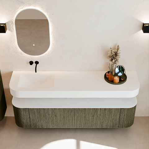 MONDIAZ THOR 180cm meuble de salle de bains arrondi gauche + droite couleur Shadow avec 2 tiroirs et 2 portes. Vasque suspendue CLOUD Gauche sans trou de robinet couleur Talc. SW1466062