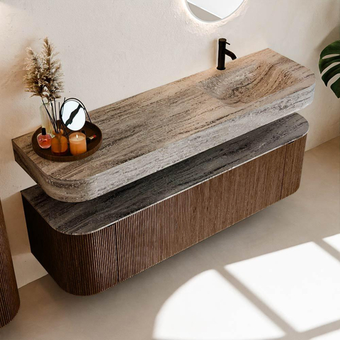MONDIAZ THOR-DLUX Meuble de salle de bains - 160cm - arrondi gauche + droite - couleur Walnut - 1 tiroir et 2 portes - Vasque suspendue CLOUD Droite 1 trou de robinet couleur Oza SW1465297