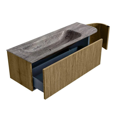 MONDIAZ KURVE-DLUX 135cm badmeubel ronding Rechts kleur Dusk met 1 lade en 1 deur. Wastafel BIG MEDIUM Links zonder kraangat Oza. SW1432992