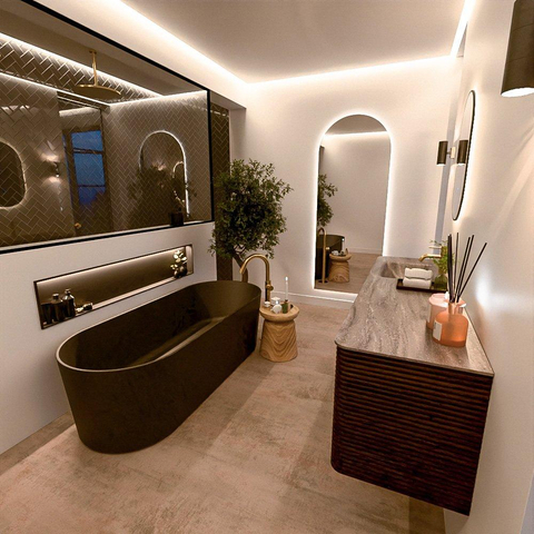 Mondiaz CIRO-DLUX Meuble de salle de bains - 170x45x50cm - Plan vasque Solid surface Oza - 1 vasque à gauche - 1 trou pour robinet - 4 tiroirs - Noyer SW1530705
