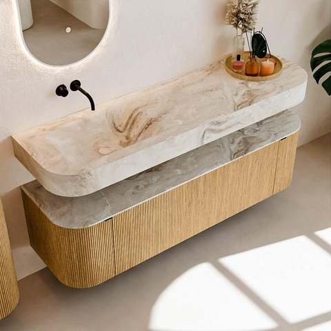 MONDIAZ THOR-DLUX 160cm badmeubel ronding links + rechts kleur Oak met 1 lade en 2 deuren. Vrijhangende wastafel CLOUD Links zonder kraangat kleur Frappe. SW1464957