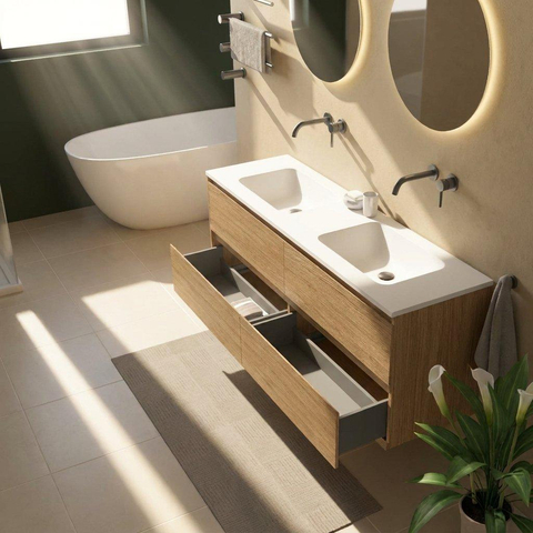 Saniclass Holz Pure Badkamermeubelset - 160x45x77.5cm - Torino solid surface wastafel wit - zonder kraangat - 4 lades - mat eiken natural (hout) SW1478688