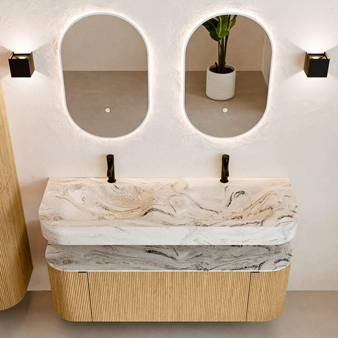 MONDIAZ THOR-DLUX 140cm meuble de salle de bains arrondi gauche + droite couleur Oak avec 1 tiroir et 2 portes. Vasque suspendue CLOUD Double 2 trous de robinet couleur Glace. SW1463945
